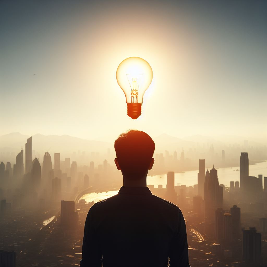 A silhouette of a person with a light bulb above their head, symbolizing the idea.